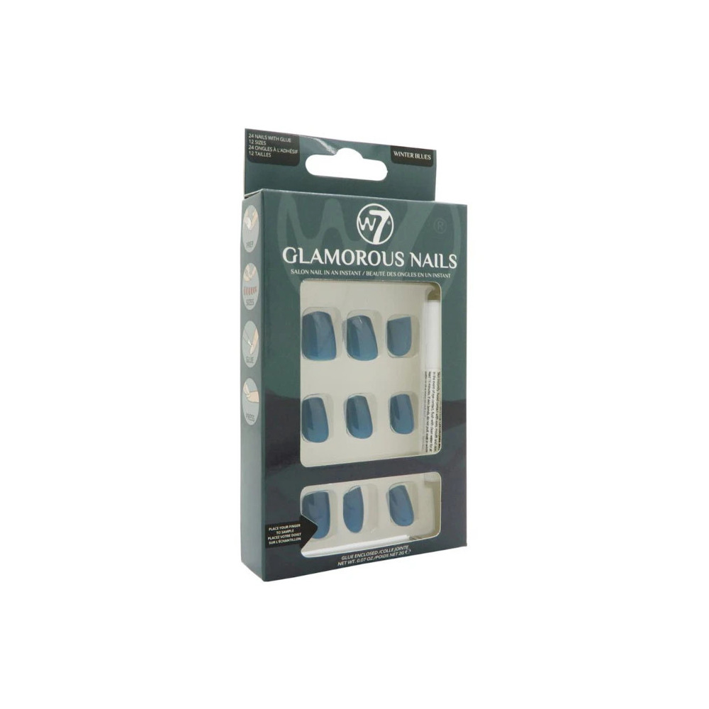 W7 Glamorous False Nails With Glue - Winter Blues (12 UNITS) - Click Image to Close